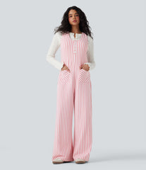 U-Neck Sleeveless Stripe Waffle Casual Jumpsuit with Pockets