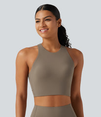 Low Support Round Neck Built-in Bra Cut Out Cool Touch Quick Dry Running Sports Bra-UPF50+