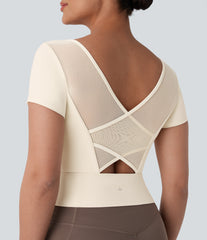 SoftlyZero™ Plush U Neck Short Sleeve Crossover Contrast Mesh Yoga Sports Top