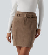 High Waisted Belted Bodycon Suede Mini Work Skirt with Pockets