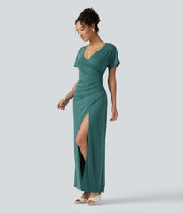 V-neck Batwing Sleeve Ruched Split Maxi Casual Bodycon Dress
