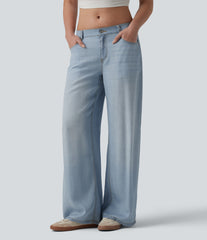 Low Rise Draped Casual Wide Leg Jeans with Pockets
