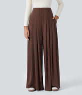 Ribbed Knit High Waisted Pleated Pocket Flowy Wide Leg Casual Pants