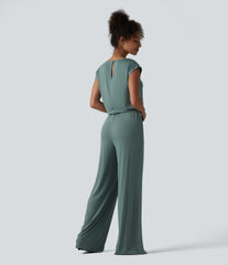 V-neck Sleeveless Drawstring Casual Jumpsuit with Pockets-Easy Peezy