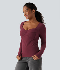 Halara HeatCore Sweetheart Neck Push-Up Long Sleeve Casual Warming Top D/DD Cup