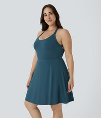 U Neck Cut Out 2-in-1 Pocket Mini Barre Ballet Dance Plus Size Dress-Longer Length