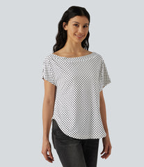 One Shoulder Short Sleeve Curved Hem High Low Built-in Bra Polka Dot Casual Top
