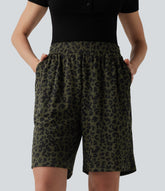 High Waisted Leopard Print Casual Bermuda Shorts with Pockets