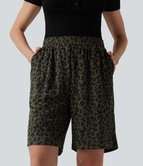 High Waisted Leopard Print Casual Bermuda Shorts with Pockets
