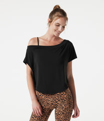 One Shoulder Short Sleeve Curved Hem High Low Built-in Bra Quick Dry Yoga Sports Top