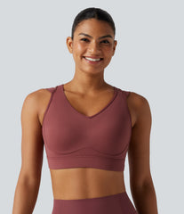 High Support V-neck Backless Adjustable Buckle Non-Removable Pad Running Sports Bra