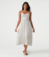 Tie Front Cut Out Midi Linen-Feel Slip Dress with Pockets