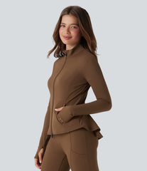 DayStretch Stand Collar Zipper Thumb Hole Ruffle Hem Slim Jacket with Pockets