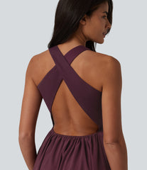 U Neck Midi Casual Dress with Pockets