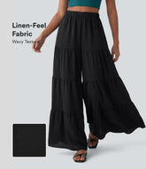 High Waisted Wide Leg Flowy Linen-Feel Pants with Pockets