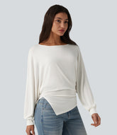 Ribbed Knit Boat Neck Batwing Long Sleeve Split Ruched Hem Casual Top