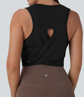 Cut Out Crossover Hem Solid Cropped Yoga Tank Top