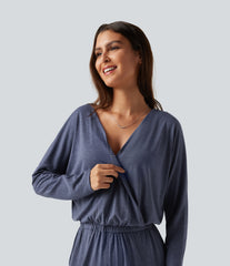 V Neck Long Sleeve Work Jumpsuit with Pockets