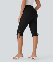 Mid Rise Lace Up Capri Casual Pants with Pockets