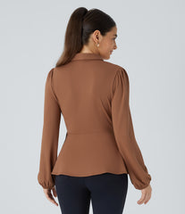 Shawl Collar Wrapped Tie Side Ruffle Hem Work Blouse