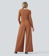 U-Neck Long Sleeve Wide Leg Casual Jumpsuit with Pockets