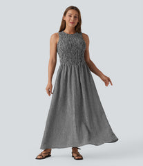 Round Neck Sleeveless Shirred Plaid Flowy Midi Casual Linen-Feel Dress with Pockets