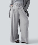 Plus Size High Waisted Drawstring Wide Leg Casual Pants with Pockets