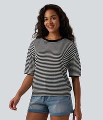 Round Neck Short Sleeve Stripe Casual Linen-Feel Sweater