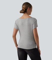 Ribbed V-neck Short Sleeve Snap Button Crossover Ruched Casual Heathered Top