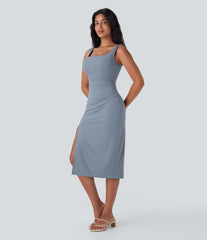 SoftlyZero™ Airy Square Neck Corset Ruched Bodycon Midi InstantCool Dress DD-F Cups
