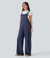 Denim Like Casual Overalls with Pockets-Front and Back Wearable