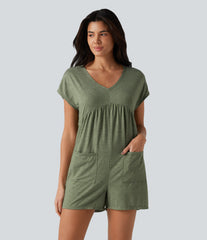 Cowl-back V-neck Cap Sleeve Heathered Casual Romper with Pockets-Easy Peezy