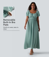 Square Neck Puff Sleeve Shirred Built-in Bra Maxi Casual Flowy Linen-Feel Dress with Pockets