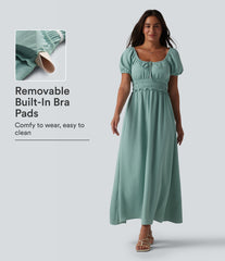 Square Neck Puff Sleeve Shirred Built-in Bra Maxi Casual Flowy Linen-Feel Dress with Pockets