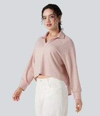 Lapel Raglan Long Sleeve High Low Relaxed Casual Sweatshirt
