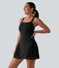 SoftlyZero™ Airy Crisscross Back Contrast Lace Built-in Bra InstantCool Tennis Active Dress with Pockets-Easy Peezy-UPF50+