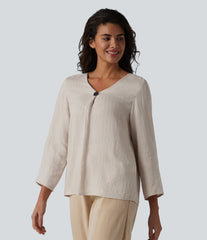 V-neck Roll Up Sleeve Linen-Blend Casual Top