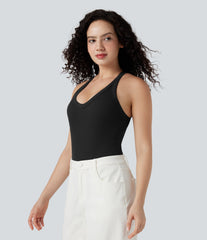 Ribbed Crisscross Back V-Neck Sleeveless Skinny Casual Bodysuit