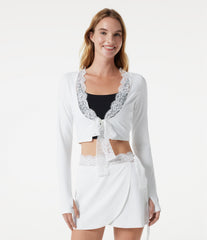 SoftlyZero™ Plush Long Sleeve Thumb Hole Tie Front Contrast Lace Cropped Yoga Sports Top
