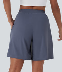 High Waisted Side Zipper Pockets Work Bermuda Shorts