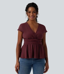 V Neck Cap Sleeve Ruffle Hem Casual Linen-Feel Top