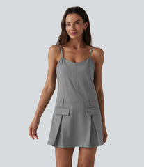 Shirred Mini Stripe Casual Slip Dress with Pockets
