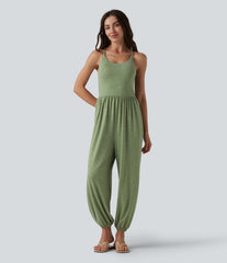 Crisscross Backless Sleeveless Built-in Bra Heathered Casual Jumpsuit with Pockets-Easy Peezy