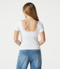 Ribbed Knit Scoop Neck U Back Short Sleeve Contrast Lace Built-in Bra Casual T-Shirt