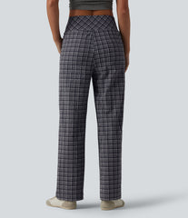 High Waisted Plaid Crinkle Quick Dry Casual Straight Leg Pants with Pockets