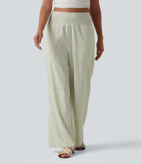 High Waisted Shirred Gingham Casual Baggy Pants with Pockets