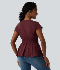 V Neck Cap Sleeve Ruffle Hem Casual Linen-Feel Top