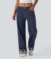 Halara Flex™ Low Rise Contrast Plaid Rolled Hem Wide Leg Casual Jeans with Pockets