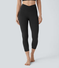 SoftlyZero™ High Waisted Crossover Contrast Lace Capri Yoga Leggings-UPF50+