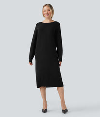 V-neck Long Sleeve Midi Wool-Blend Work Sweater Dress-Front and Back Wearable